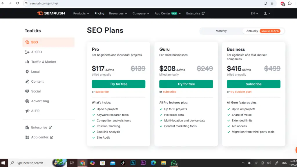 Semrush Pricing and Plans